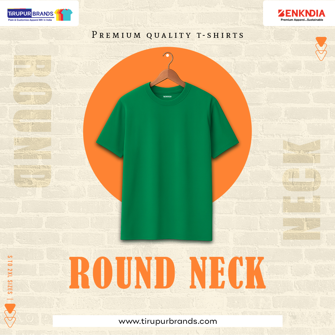 Plain Round Neck T-Shirts Tirupur– Trusted Cotton Tee Manufacturers – Bulk T-Shirt Suppliers Tirupur – Regular Fit & Timeless T-Shirt Makers